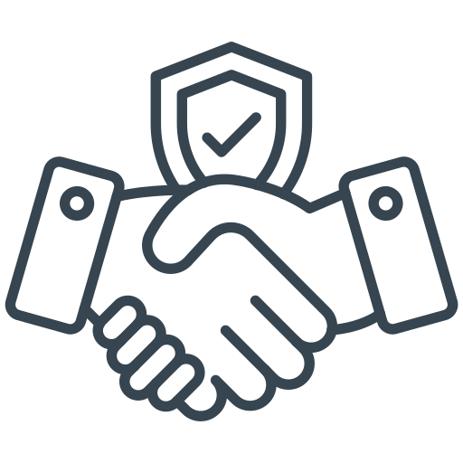 Illustration of a handshake with a shield and checkmark above, symbolizing trust or agreement.