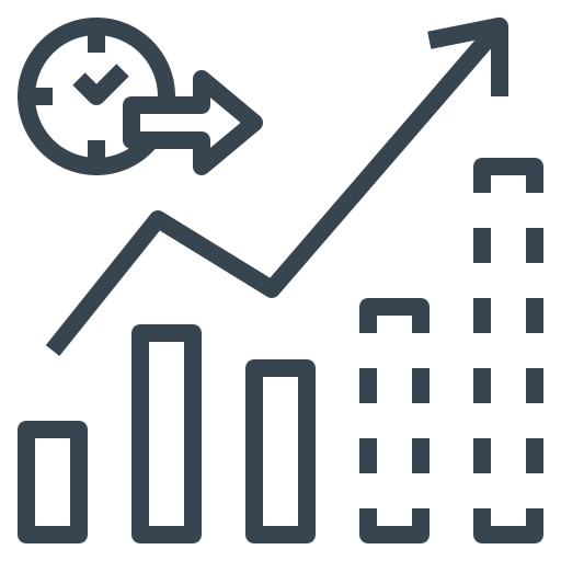 A line graph with an upward trend, bar chart, and a checkmark with an arrow indicating growth or success.