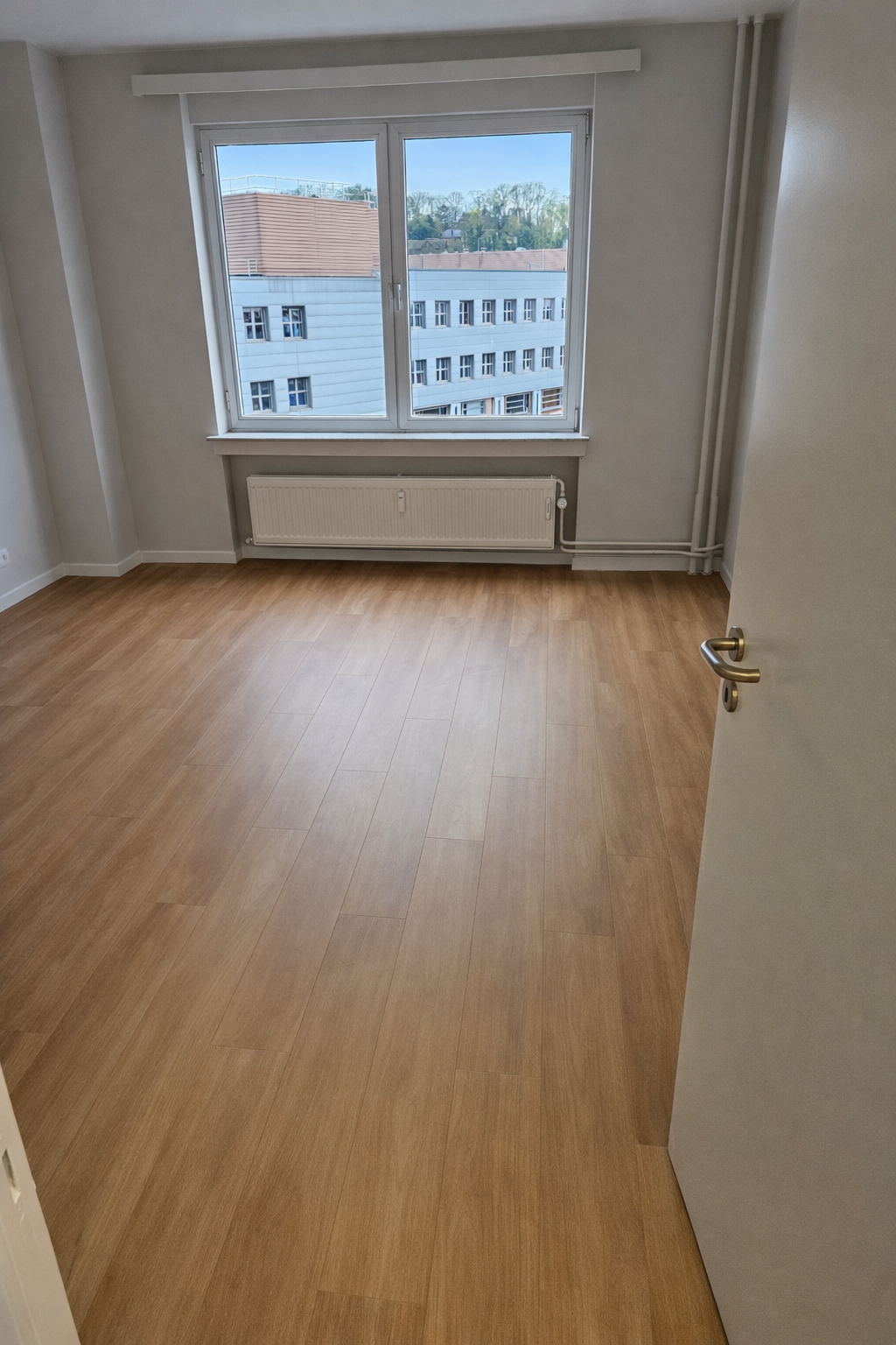 Une pièce vide avec un sol en bois clair, une grande fenêtre laissant entrer de la lumière naturelle, un radiateur sous la fenêtre, et une porte entrouverte.