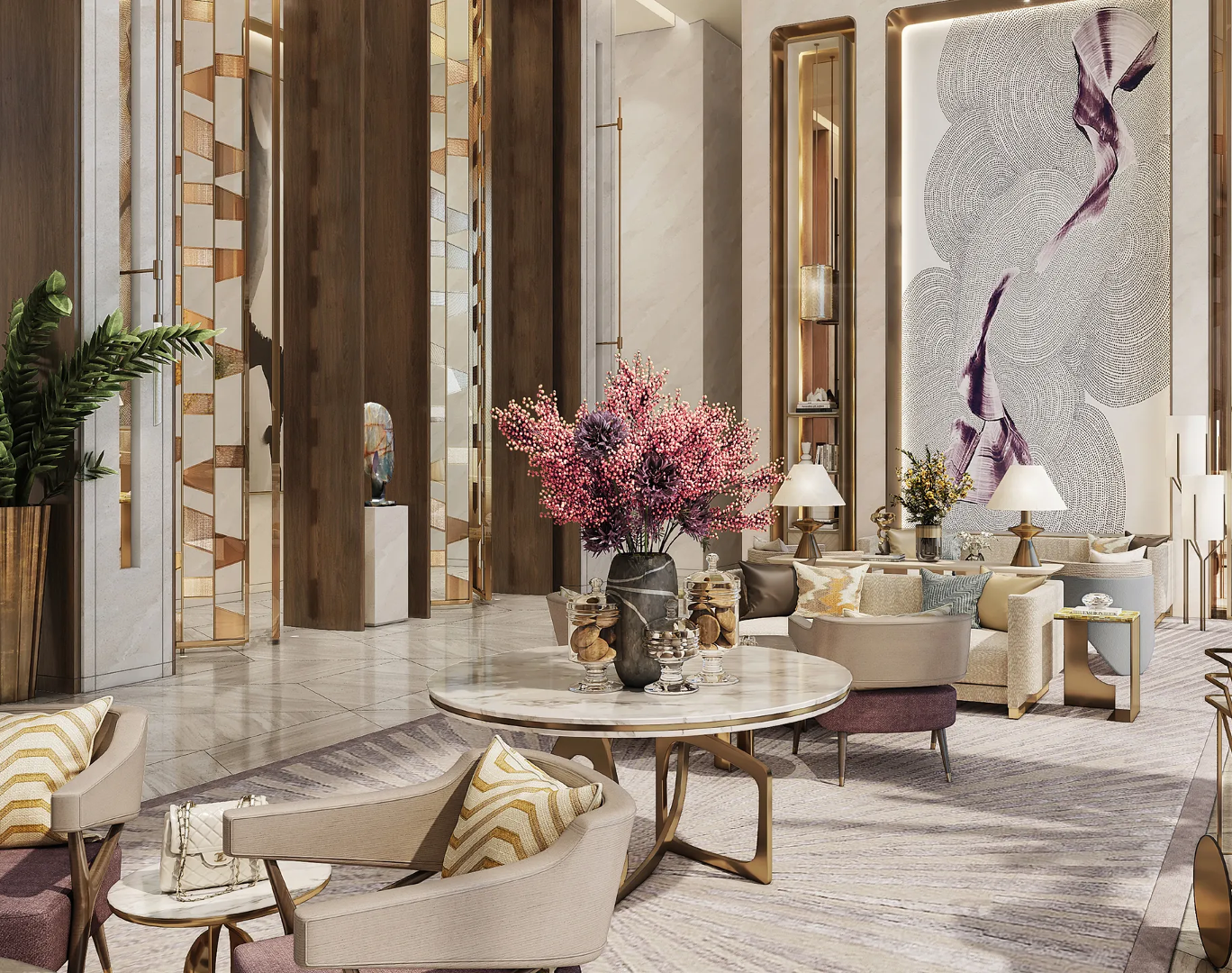 SKS pavillion upcoming Luxurious hotel or lobby interior with a large floral arrangement on a round marble table, plush seating, and modern art decor.