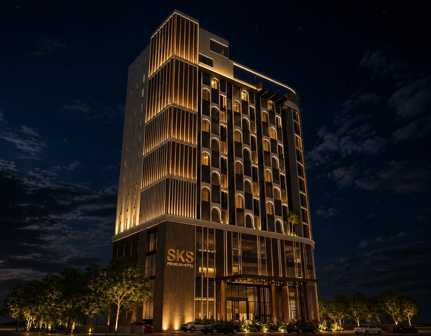 Evening view of SKS Pavillion new luxury hotel