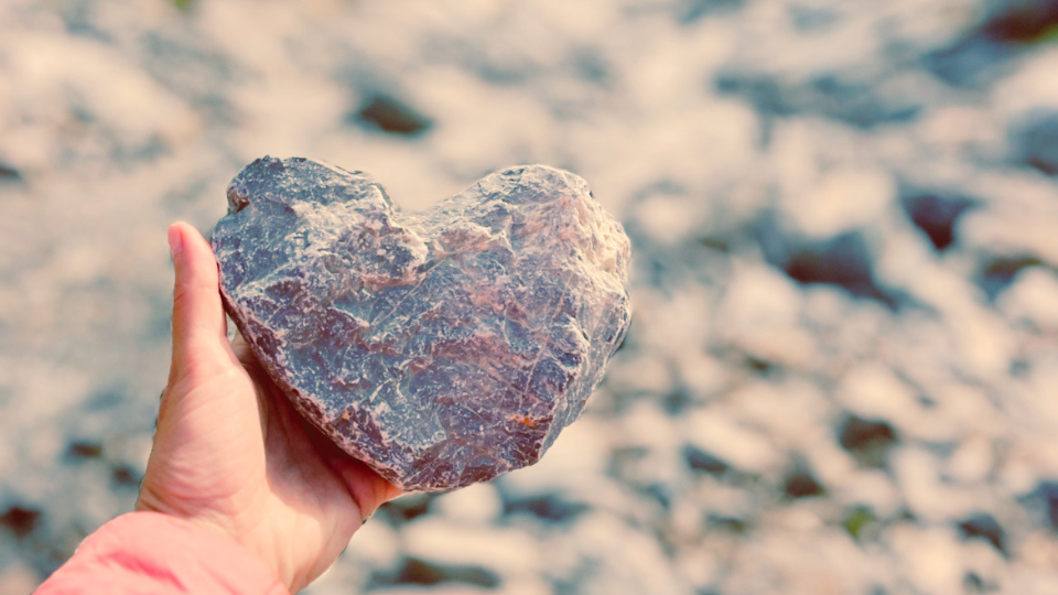 Iemand houdt een hartvormige ijsblok in de hand op een bevroren landschap.