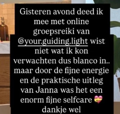 gisteravond deed ik mee met de online groepsreiki van @your.guiding.light wist niet wat ik kon verwachten dus blanco maar door de fijne energie en de praktische uitleg van Janna was het een enorm fijne selfcare dankje wel