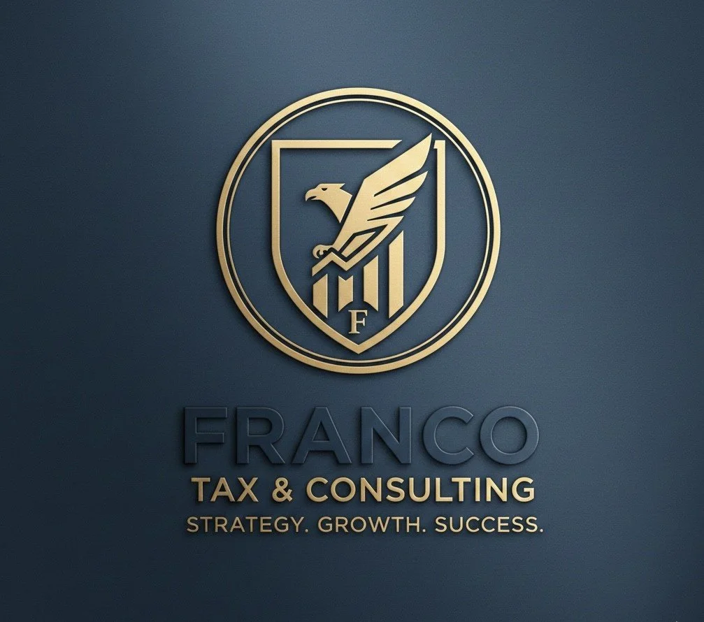 A 3D logo of a bald eagle inside a shield, with the text 'FRANCO TAX & CONSULTING' and the slogan 'STRATEGY. GROWTH. SUCCESS.' on a dark blue background.