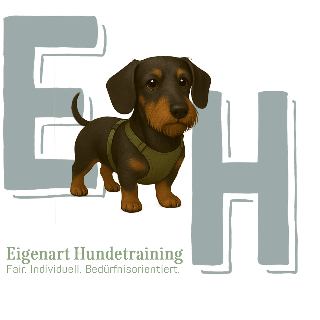 Ein niedlicher Dackel mit braunem Fell und dunkler Schnauze trägt ein grünes Hundehalsband und eine Weste, steht vor einer schwarzen Hintergrund mit großen grauen und braunen geometrischen Formen.