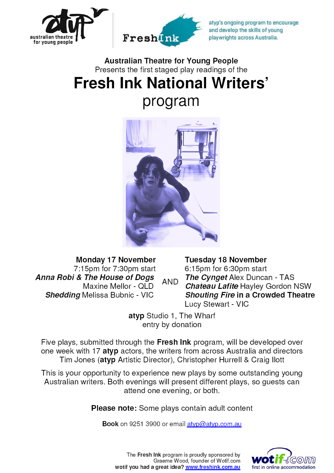 Poster for staged reading of 'Shouting Fire in a Crowded Theatre' by ATYP, Sydney, as part of the Fresh Ink National Writers' program.