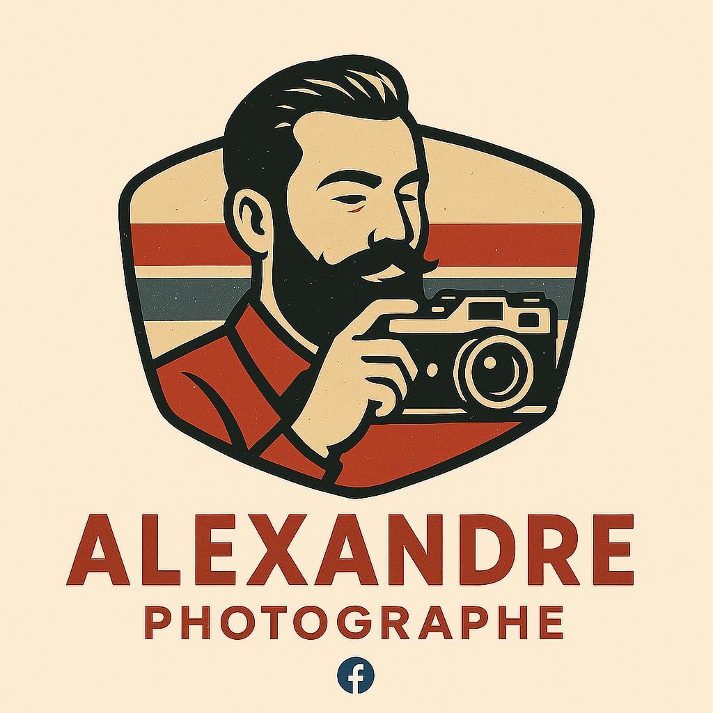 Logo illustrant un homme moustachu prenant une photo avec un appareil photo vintage, avec le texte 'ALEXANDRE PHOTOGRAPHE' et un logo Facebook en dessous.