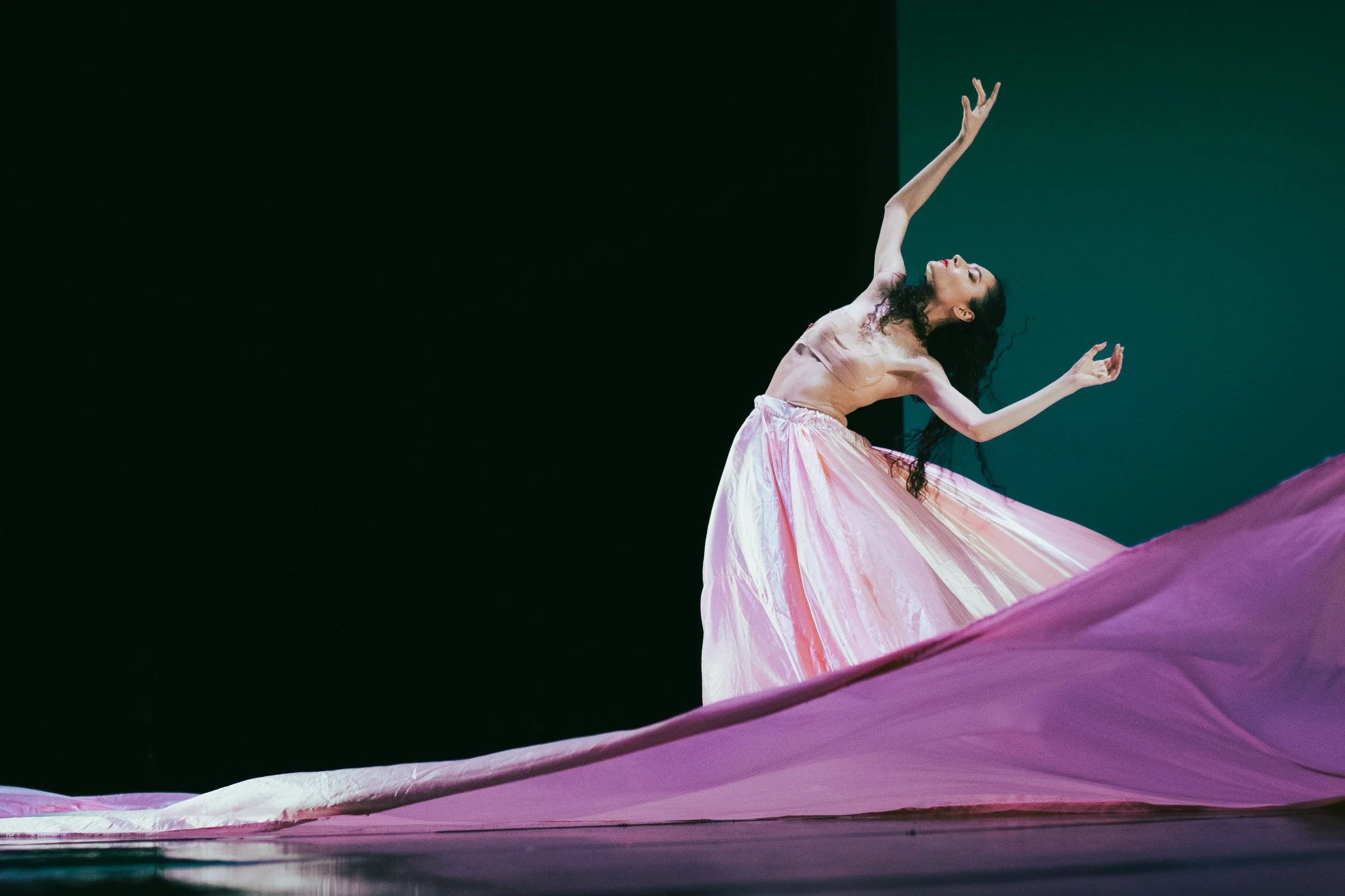 Une danseuse en tutu rose effectue une performance expressive sur scène, avec un fond noir et vert.