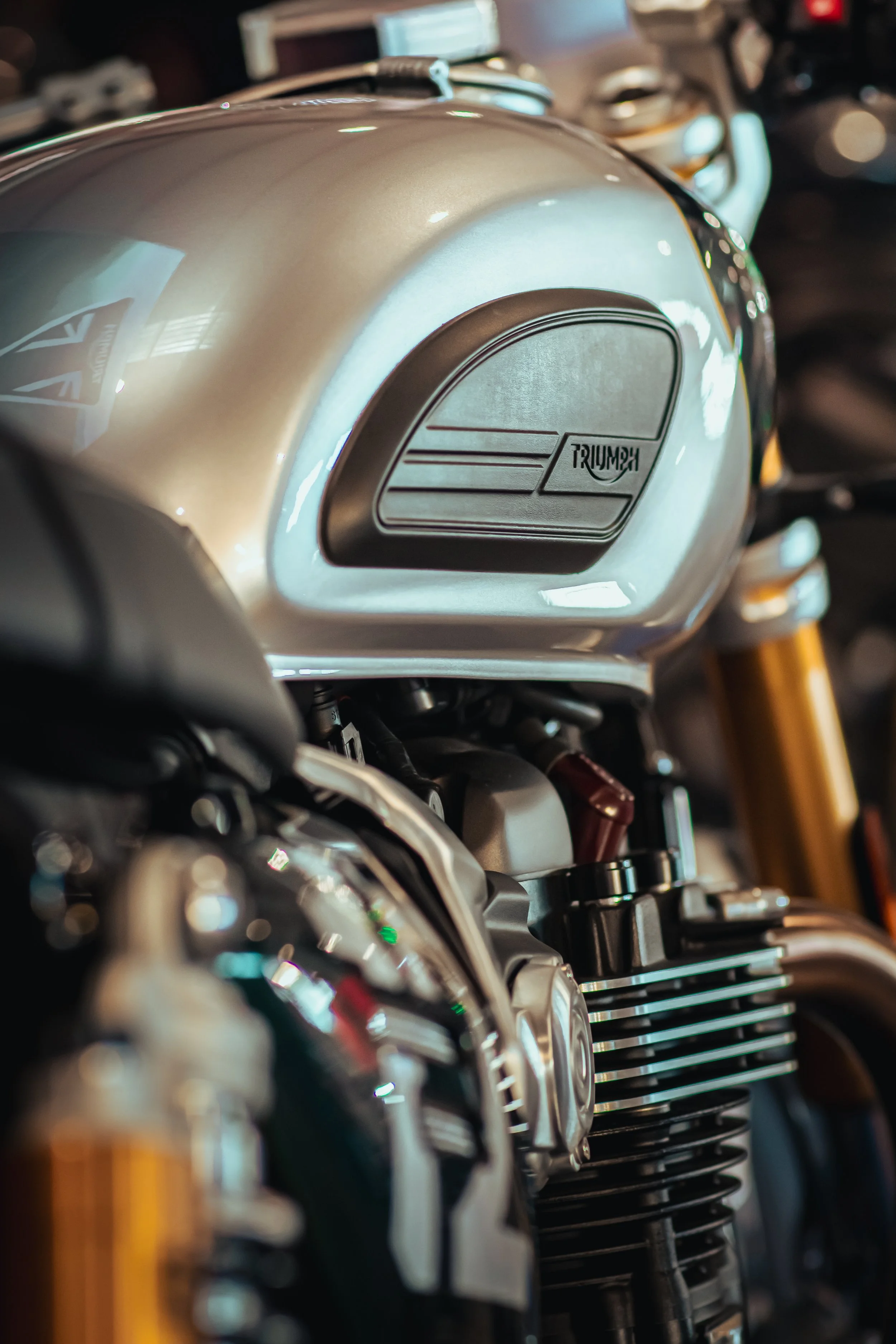 Détail réservoir moteur Triumph salon moto