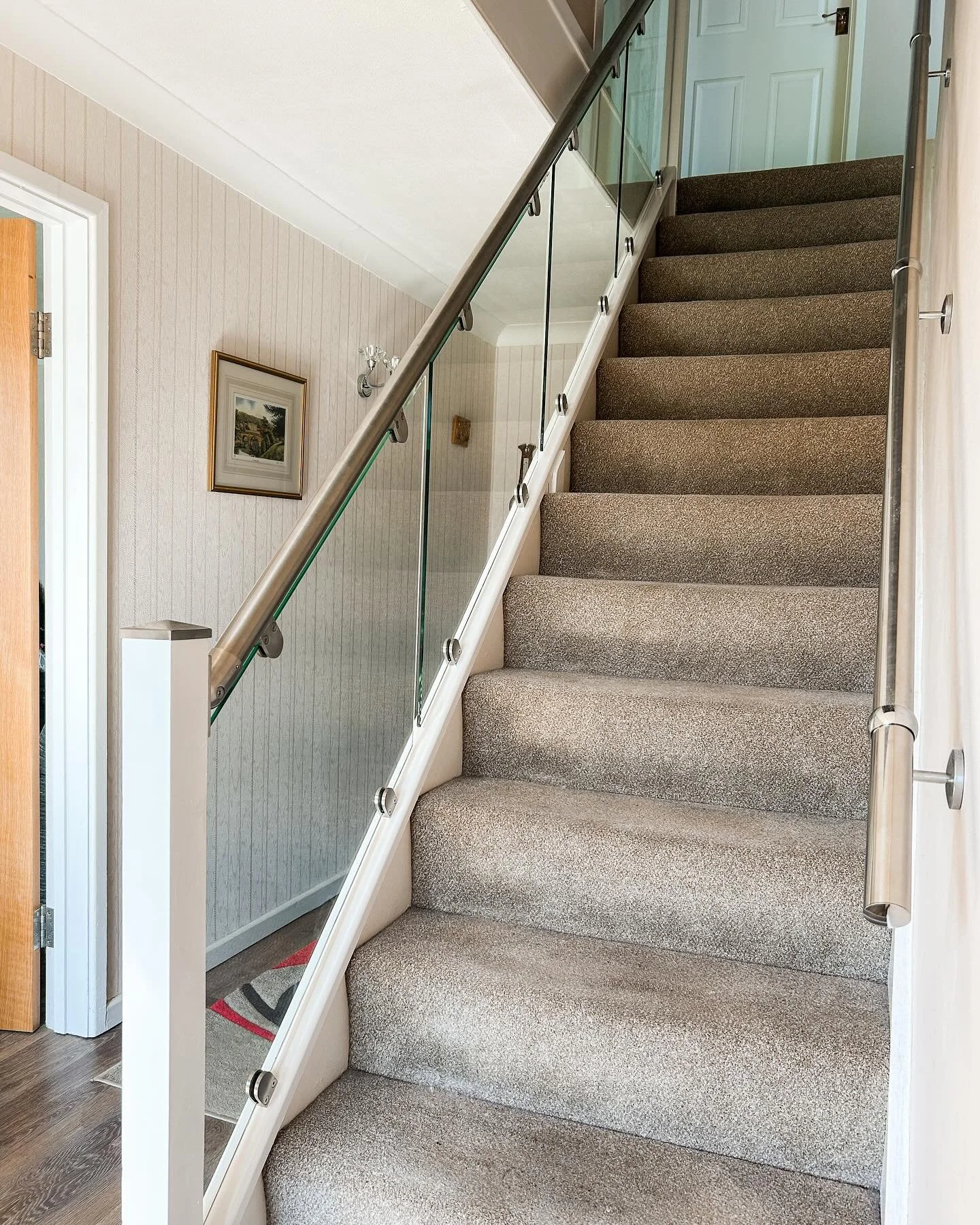 Modernised staircase for this customer. 
Glass staircase balustrade with chrome features fitted to modernise the staircase. 
What a difference! 
#bridgendtradesmen #bridgendbuilder #staircaserenovation #southwalesbuilders #southwalesconstruction #