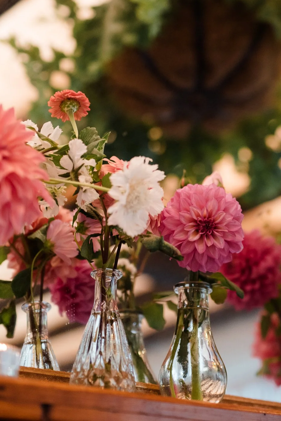 Various colorful flowers in small glass vases on a wooden shelf inside a rustic room.