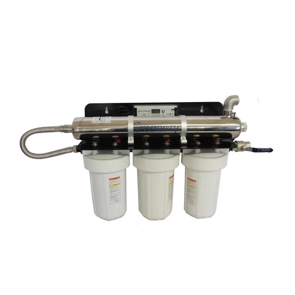 A water filtration system with three white filter cartridges and a stainless steel manifold.