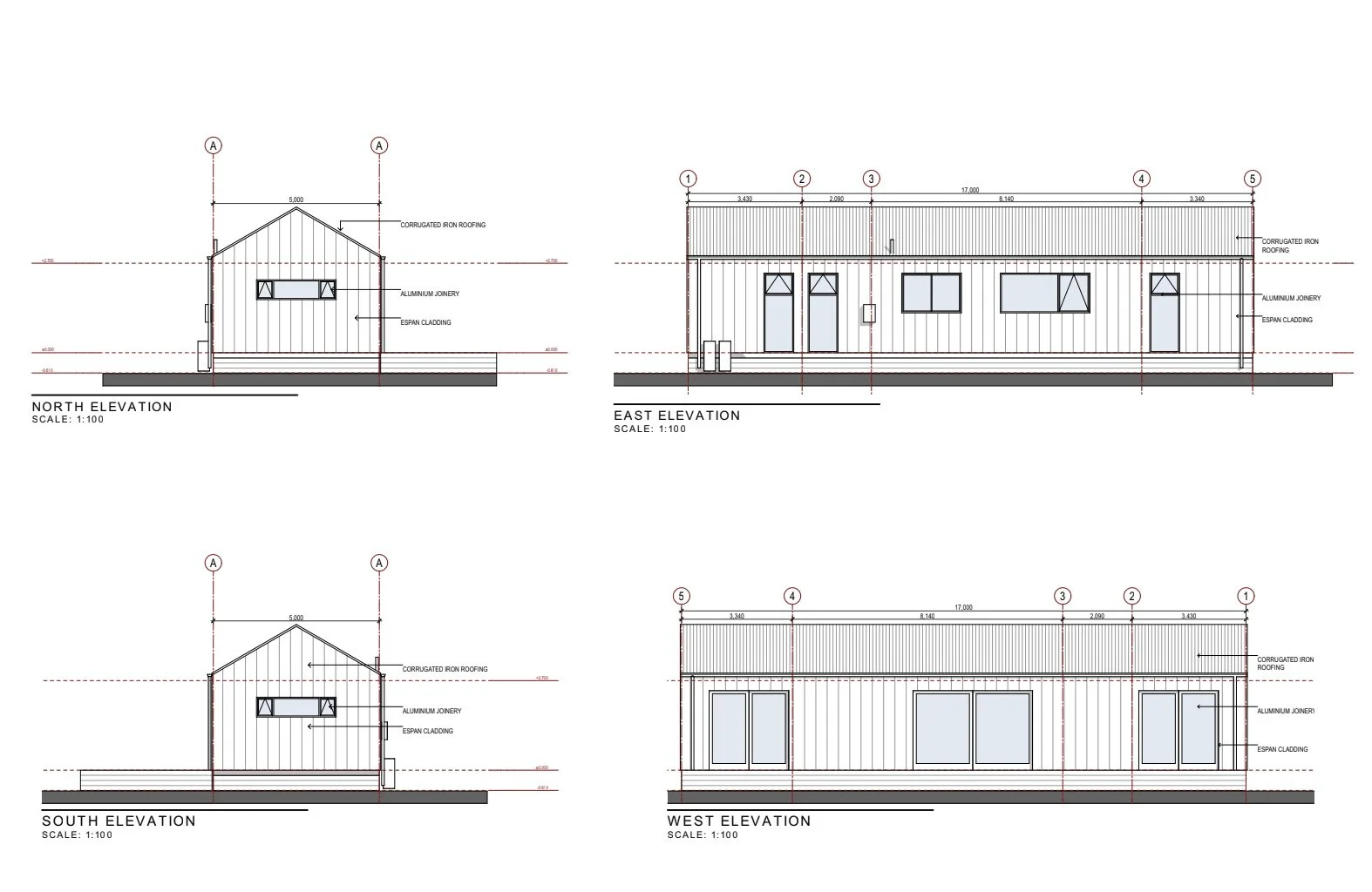 Architectural elevation drawings for a building, showing north, east, south, and west views with measurements and construction details.