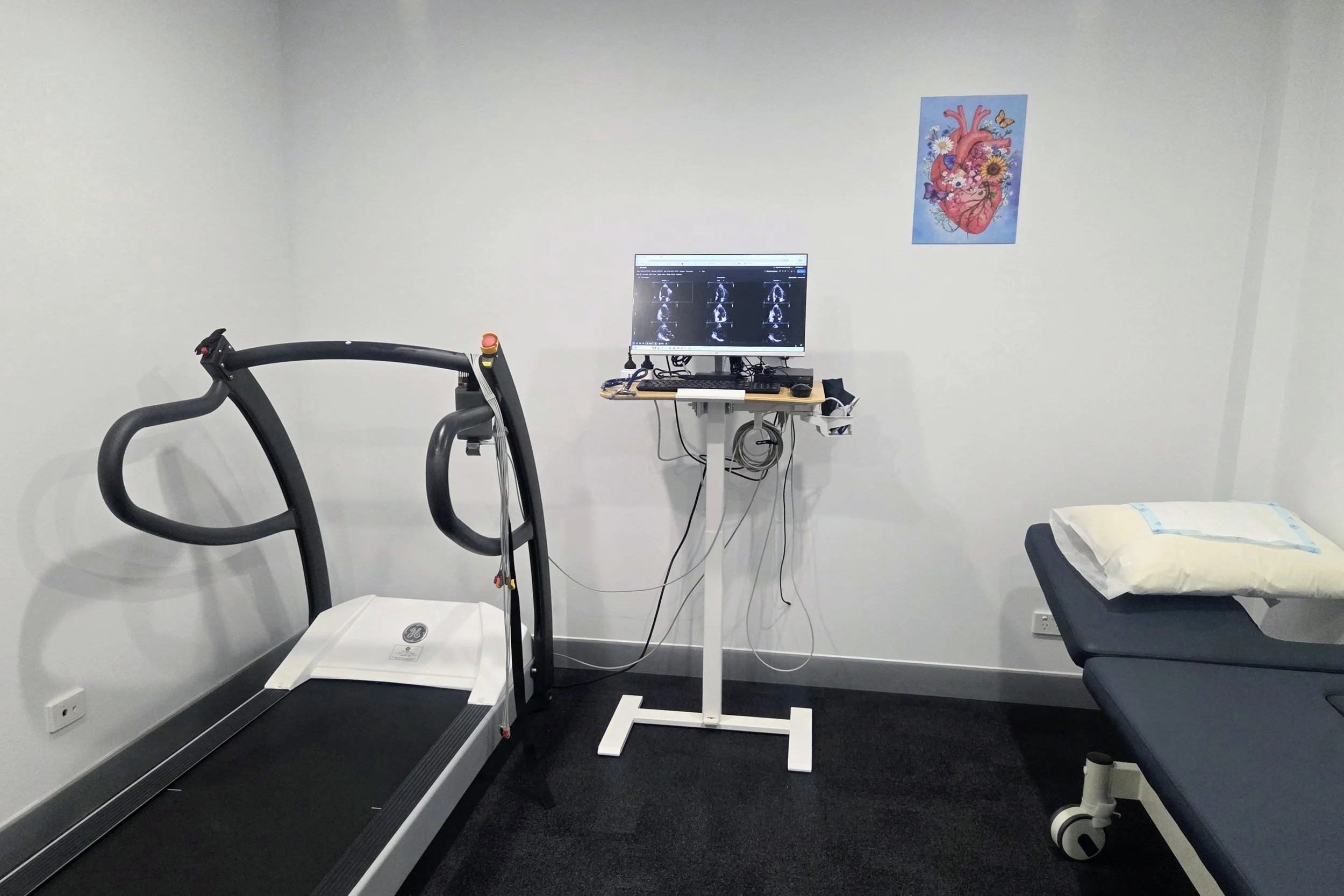 Medical examination room with treadmill, ultrasound monitor displaying scans, and examination bed with pillows. There is a poster of an anatomical heart with flowers and butterflies on the wall.