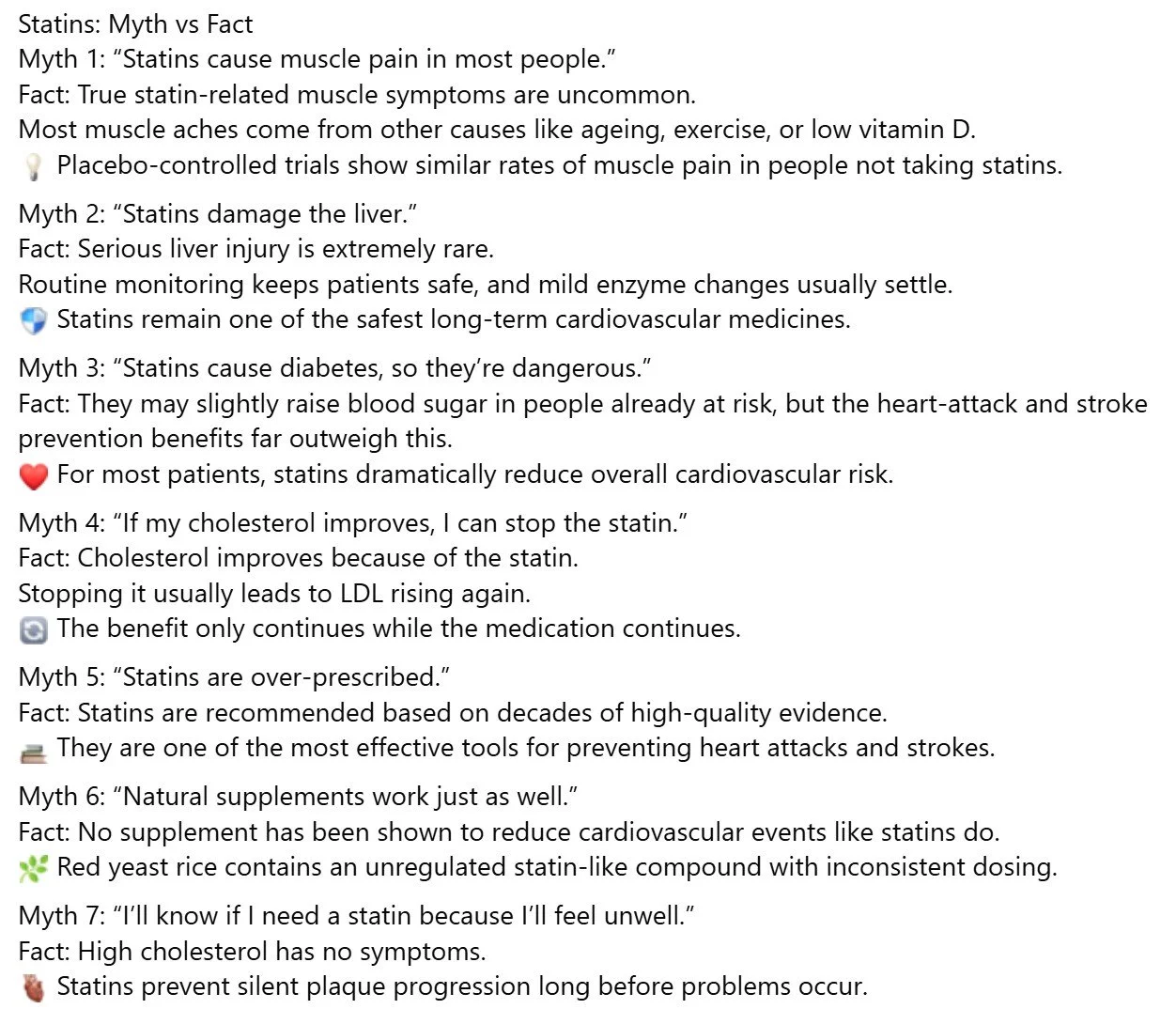 Text listing myths versus facts about statins, including points on muscle pain, liver damage, diabetes risk, cholesterol levels, over-prescription, natural supplements, and symptoms of high cholesterol.