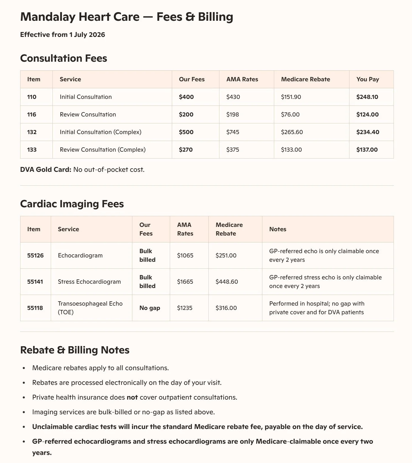 Mandalay Heart Care's fees and billing information sheet, including consultation and cardiac imaging fees, Medicare and Medicaid details, and billing notes.