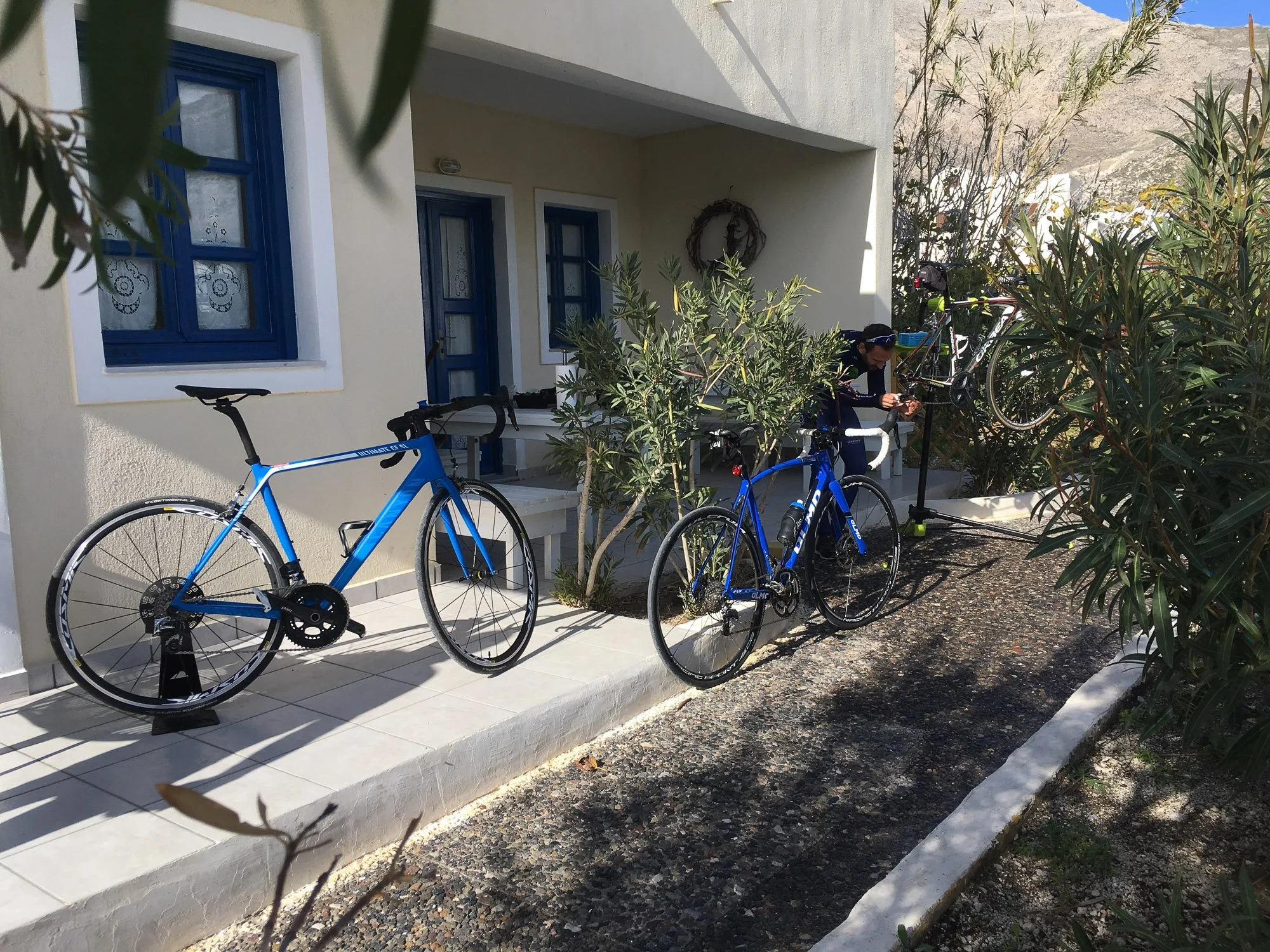 Two blue bicycles parked outside a white house with blue windows and door, surrounded by green plants. A person is working on a bike repair stand in the background.