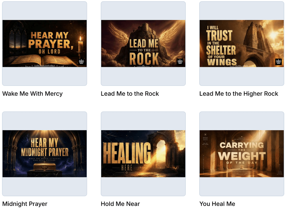 Animated lyrics videos created with Revid AI including Wake Me With Mercy, Lead Me to the Rock, Midnight Prayer and more