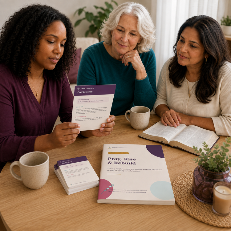 Women reading Pray, Rise and Rebuild with a Bible and journal, warm morning light