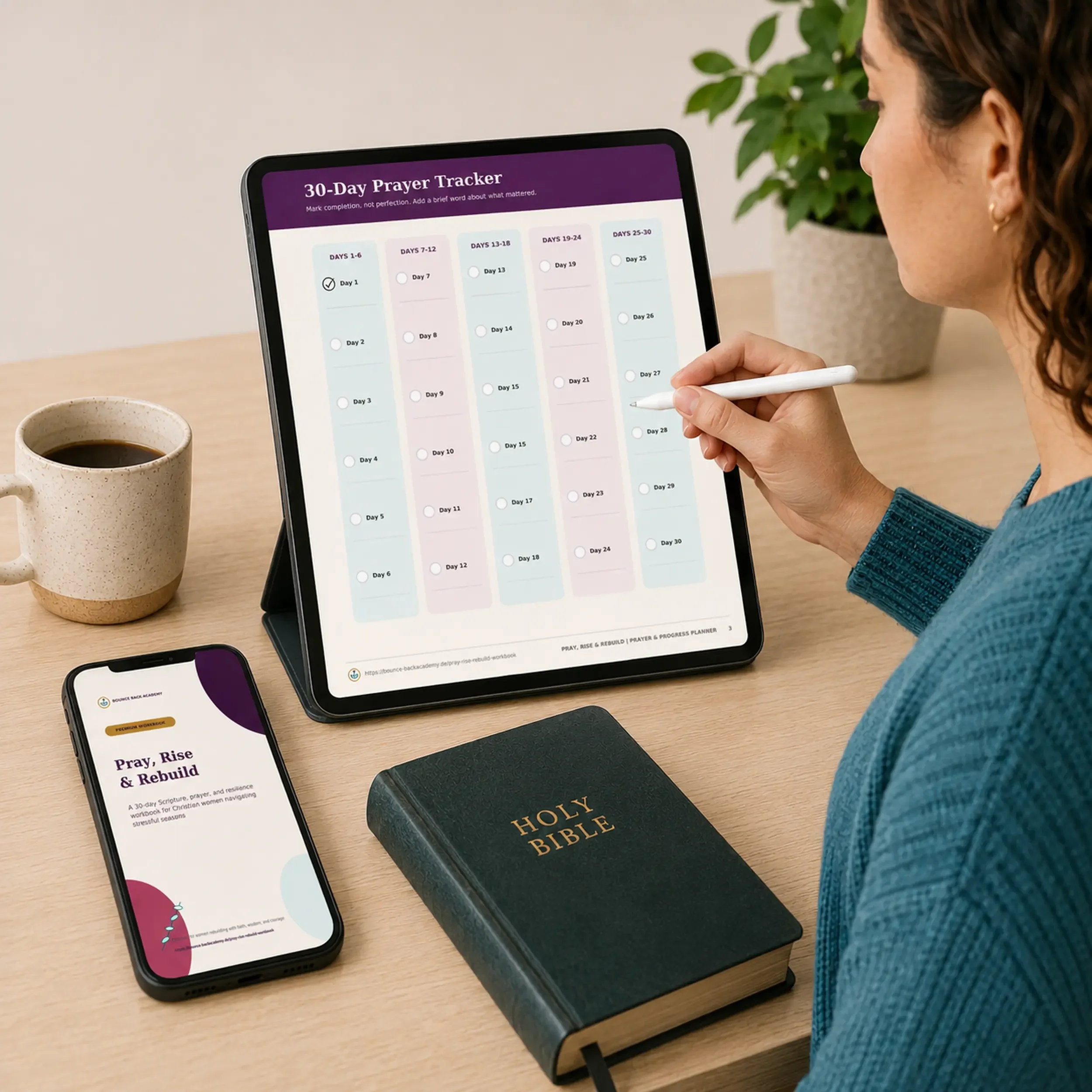 The Prayer and Progress Planner open on a tablet