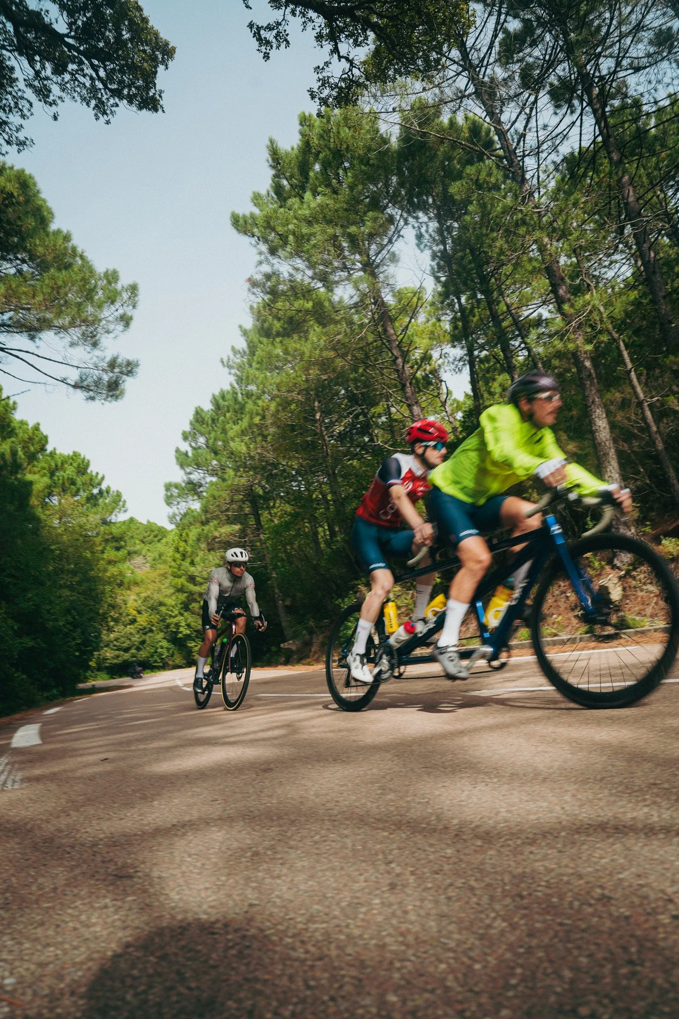Trois personnes font du vélo sur une route sinueuse entourée d'arbres, portant des casques et des vêtements de sport.