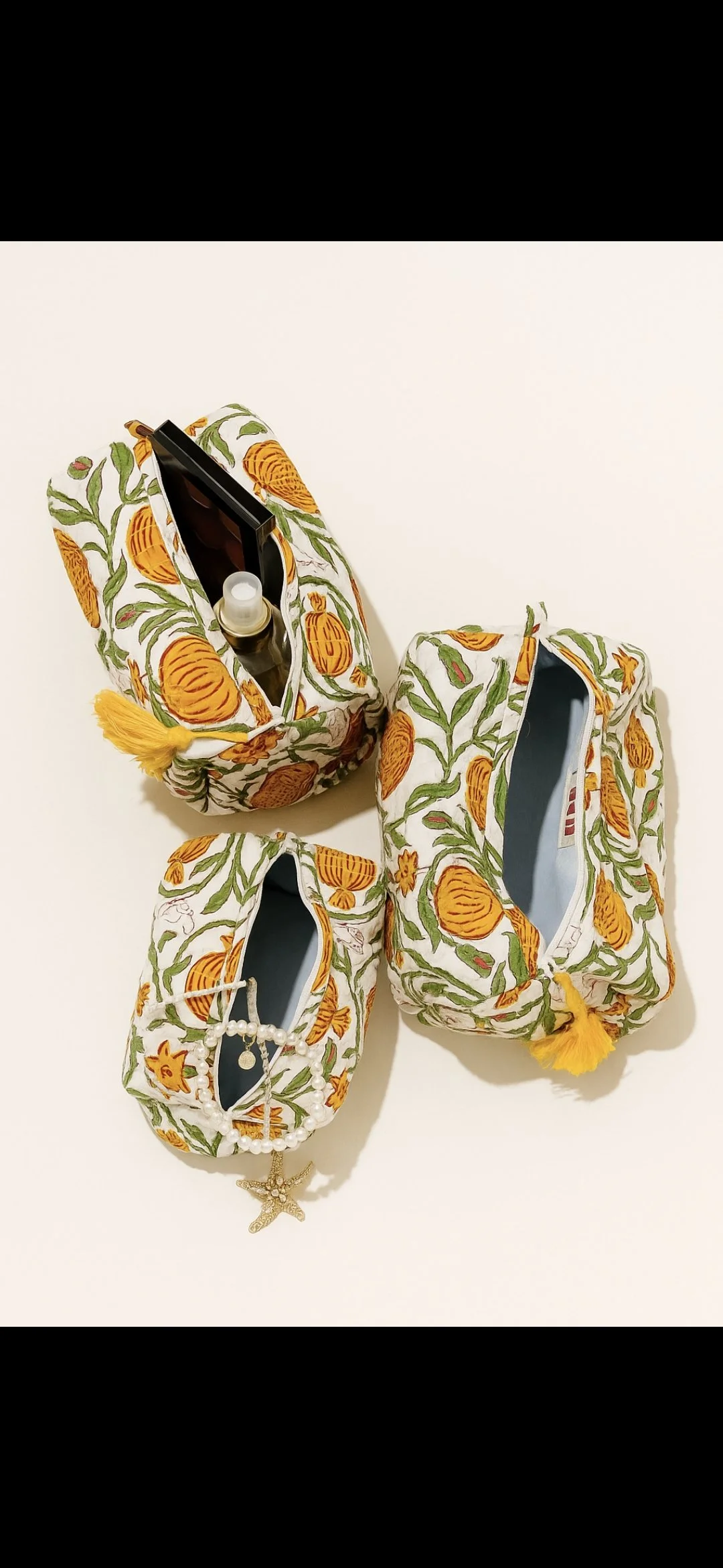 Marigold Trio Hand Block Printed Cosmetic Bags