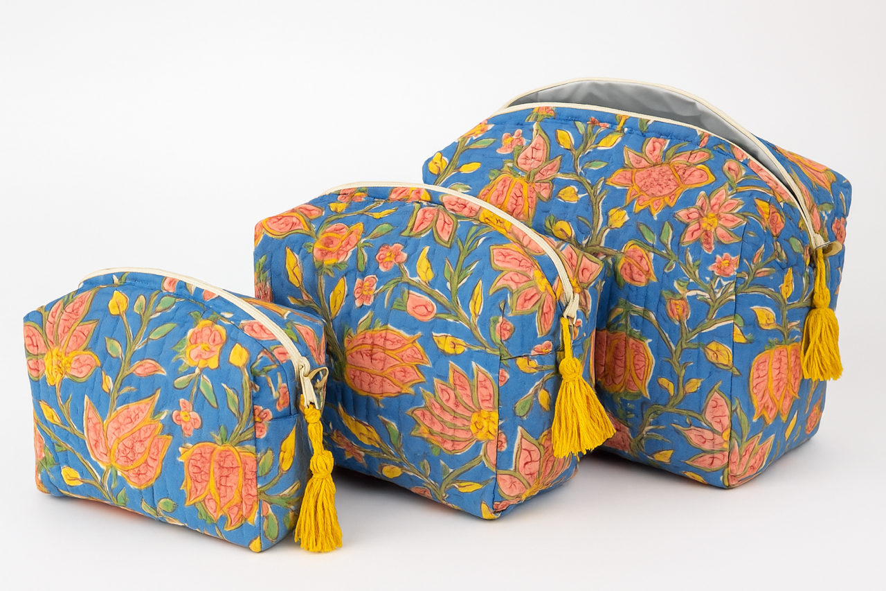 Three floral-patterned bags of varying sizes with yellow tassels, arranged from smallest to largest on a white background.