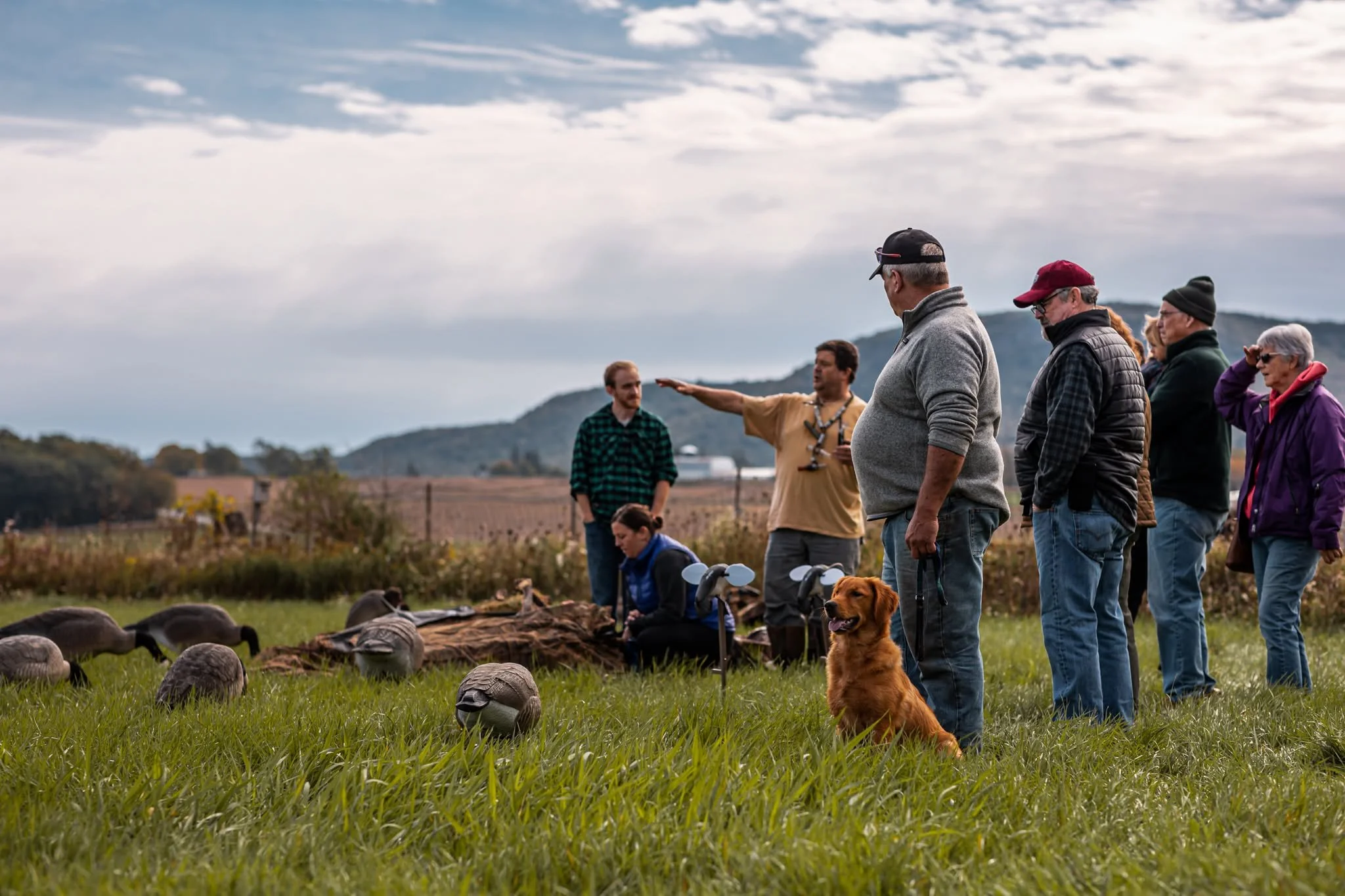 A group of people learning about goose hunting.