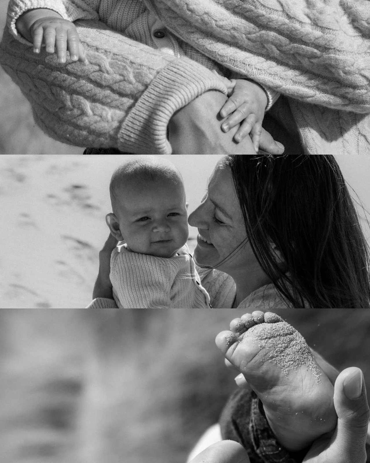 Close-up of a child's hand holding sand, a mother holding her baby at the beach, and a child's hand holding sand with beach background.