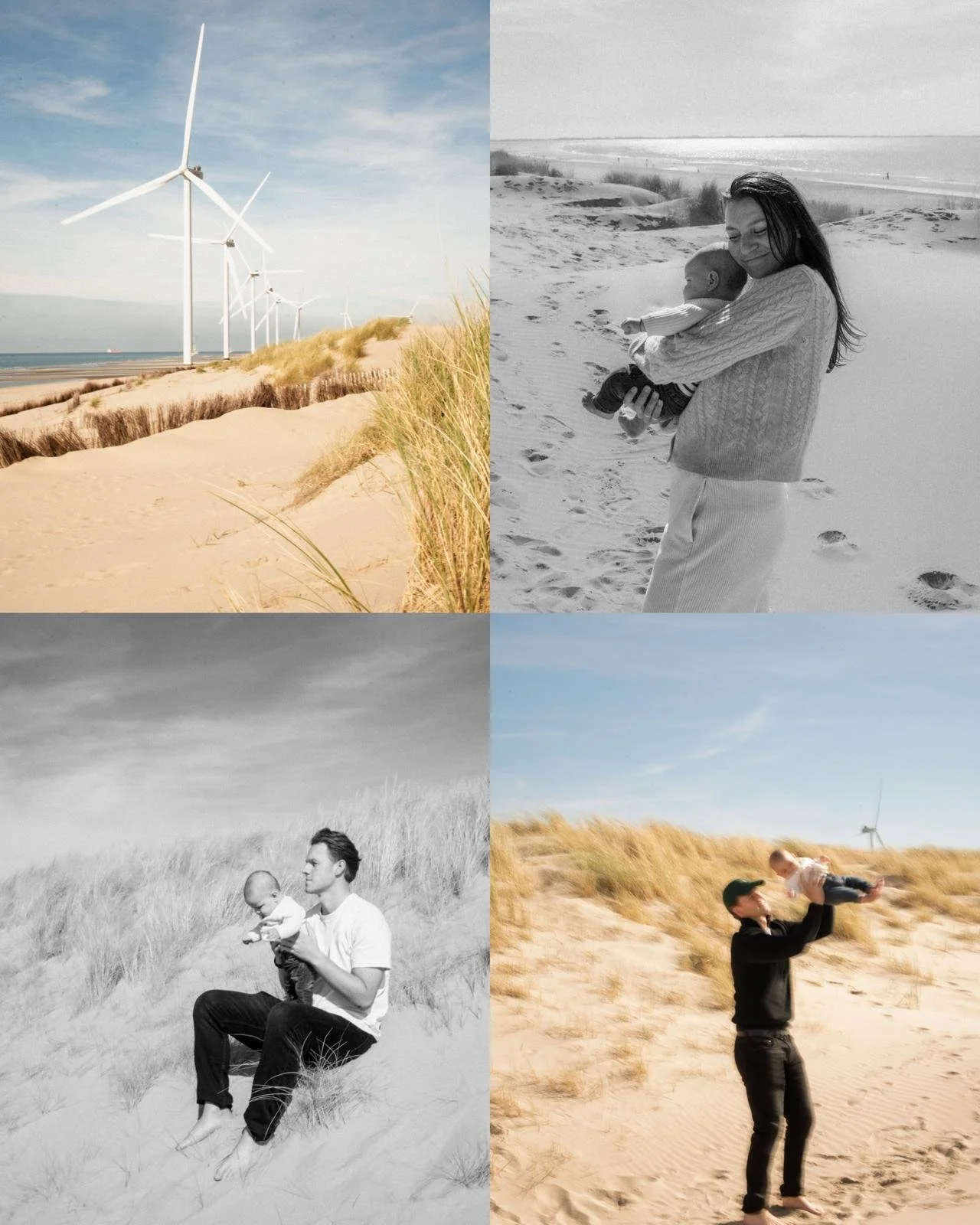 A collage of four images of a beach scene with wind turbines, a woman holding a baby, a man with a toddler on a sandy dune, and a man lifting a child, in black and white and color.