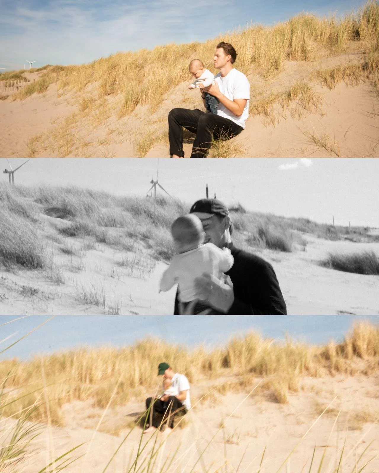 Three images of a man with a baby on a sandy beach with dunes and grass, wind turbines in the background. In the first, the man is sitting on the sand holding the baby. In the second, the black and white, the man is holding the baby close. In the third, the man is sitting alone on the sand, looking down.