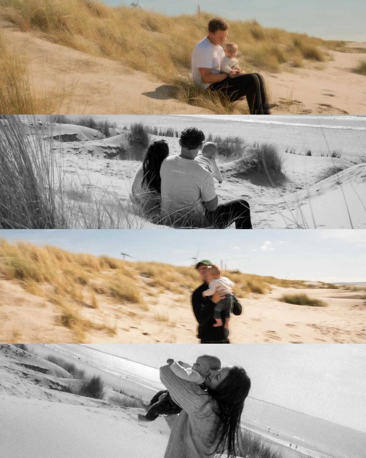 A family at the beach with dunes, shown in color and black-and-white versions, including a man, woman, and small children.