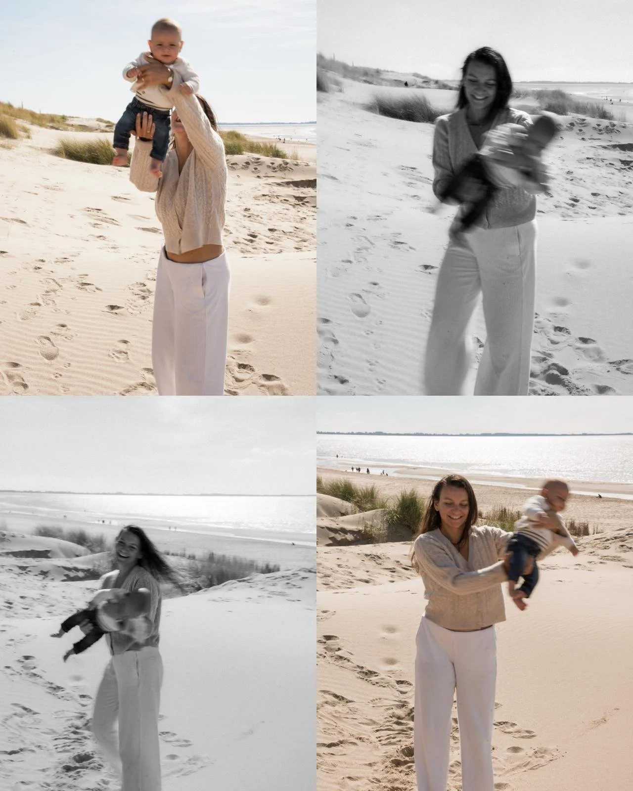 Collage of two women and a baby on a beach; two photos in color and two in black and white. In color, a woman is holding a baby in the top left and another woman is holding a baby in the bottom right; in black and white, the same women are shown holding babies, with the women smiling and sand dunes and ocean in the background.