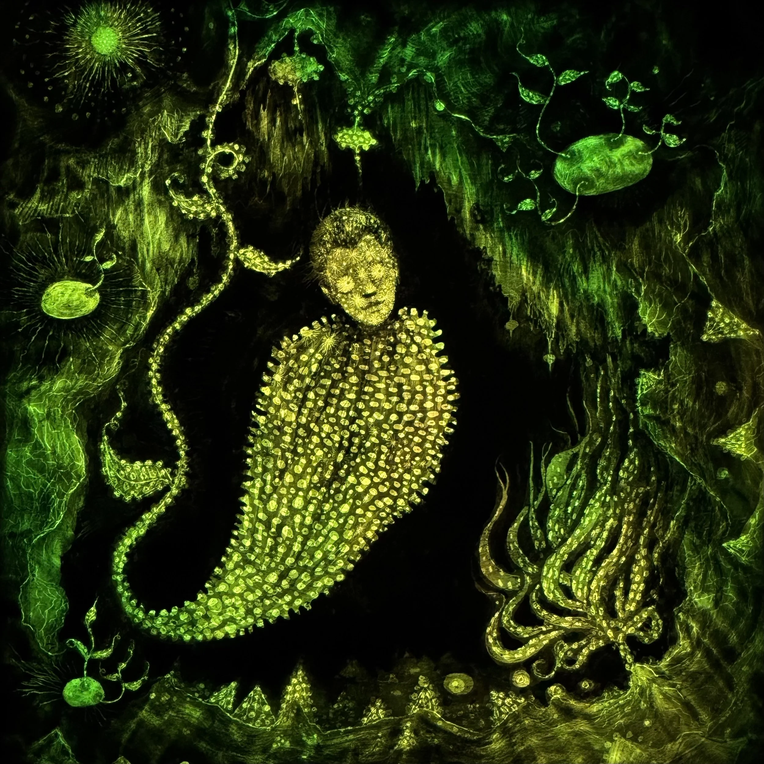 'Nightshade', Stained Glass, 
40x40cm 
Exhibition History;
Pallas Projects, 'Periodical Review', Dublin, Ireland, 2024;
Courthouse Gallery, Ennistymon, Co. Clare, Ireland 2024, Waterford Gallery of Art, Waterford, Ireland 2025. Available to acquire, 