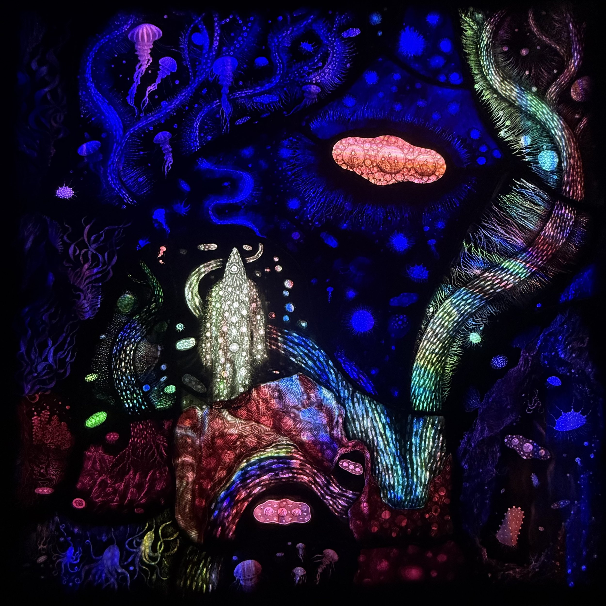 'The Grúagach’s Lair', 
Stained Glass with LED Light,
Framed in Hardwood,
70cm x 70 cm 
Exhibition History;
Waterford Gallery of Art, Waterford, Ireland 2025. Available to acquire, click on image.  