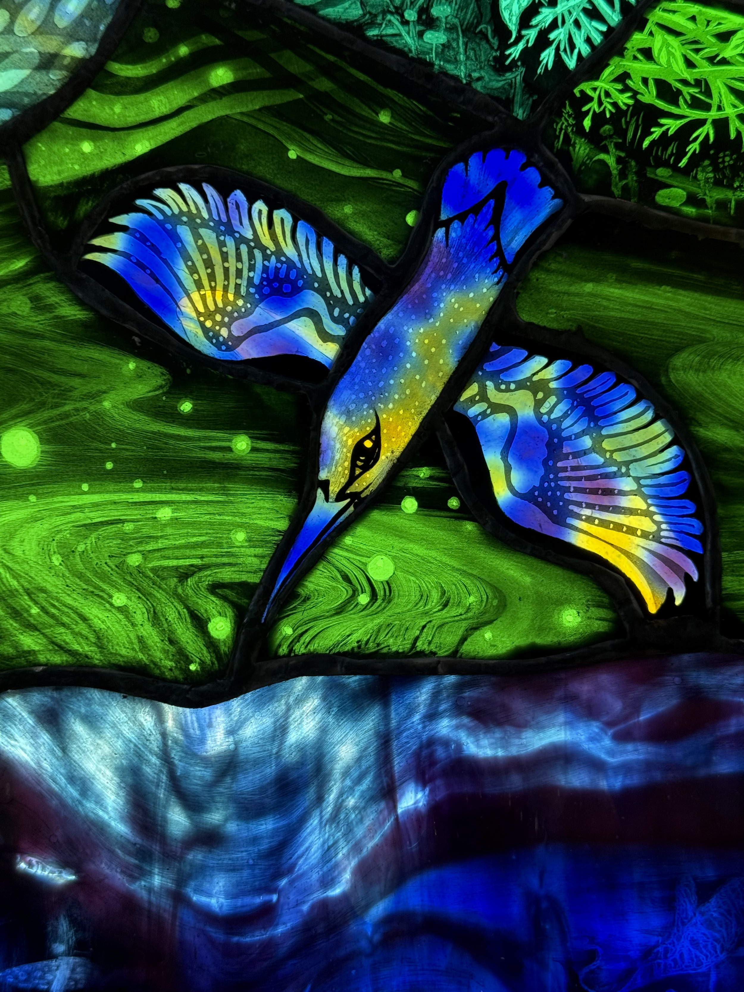 'Horizon of Flight' an illuminated stained glass panel 90 cm x 150 cm for Wexford General Hospital, Ireland 2026. Commissioned after a competitive selection process, completed in 2026. The design brief wanted a work that reflected the natural ecology