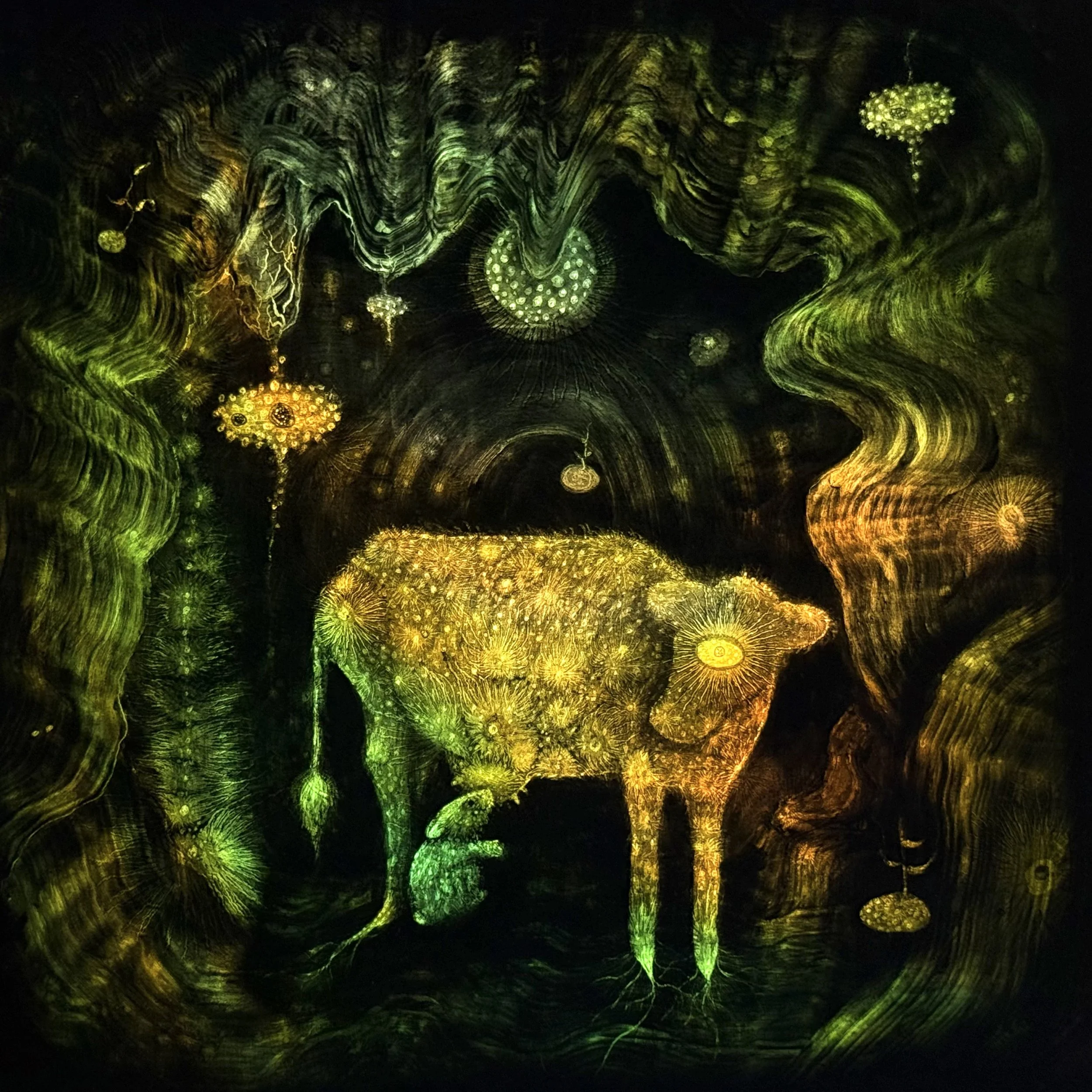 'Puca agus Bo'
Stained Glass with LED Light
Framed in hardwood
40cm x 40 cm 

Exhibition History;
South Tipperary Arts Centre, Co. Tipperary, Ireland 2023; Courthouse Gallery, Ennistymon, Co. Clare, Ireland 2024, Waterford Gallery of Art, Waterford, 