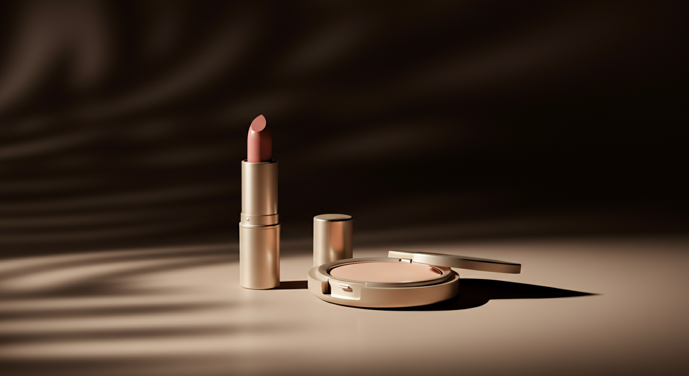 A lipstick, a compact mirror, and a powder case arranged on a beige surface with shadows cast on a dark background.