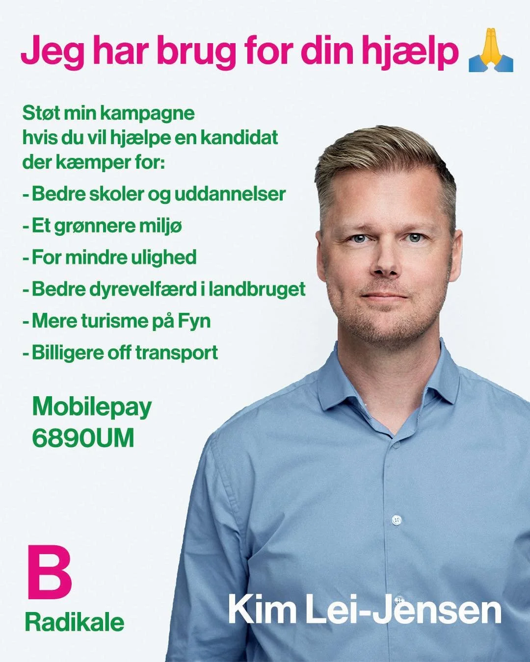 Jeg stiller op som kandidat til Folketinget hvis du ikke har opdaget det 😅

Jeg vil gerne ind og k&aelig;mpe for et bedre samfund. Det kan v&aelig;re sv&aelig;rt, for selv i Danmark styre penge meget i politik. Og jeg har ikke store lobbyorganisatio