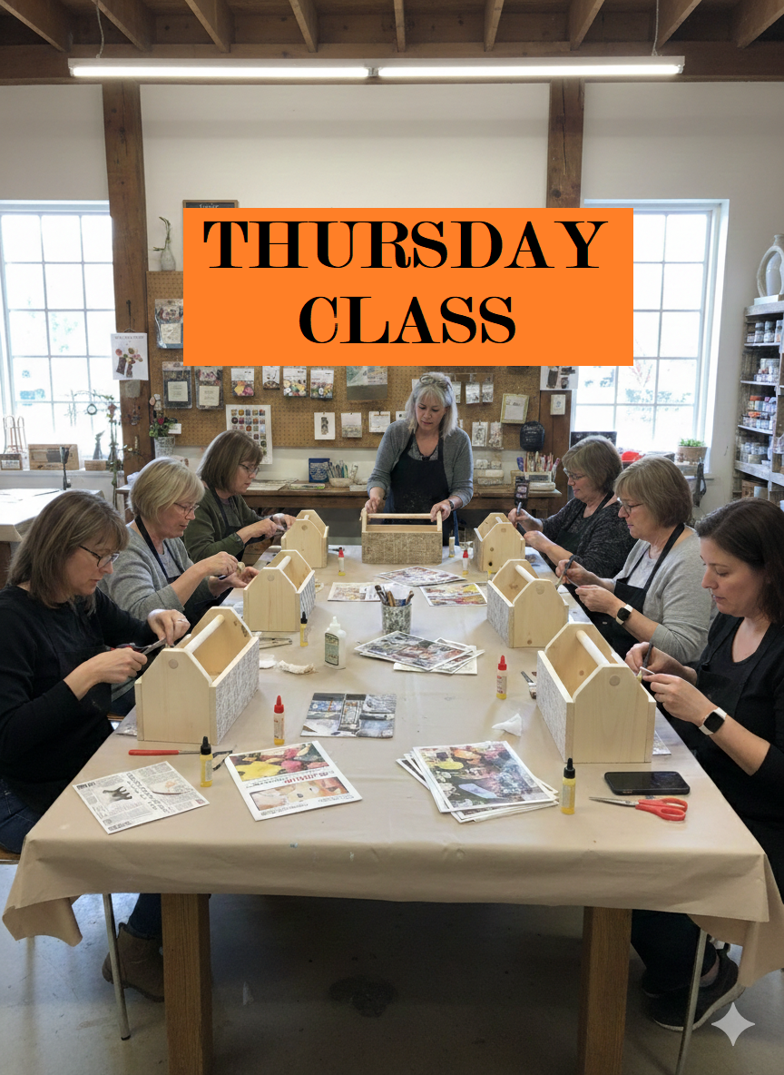 Thursday 4/2/26 5pm-7pm Decoupage Wooden Garden Tote Workshop