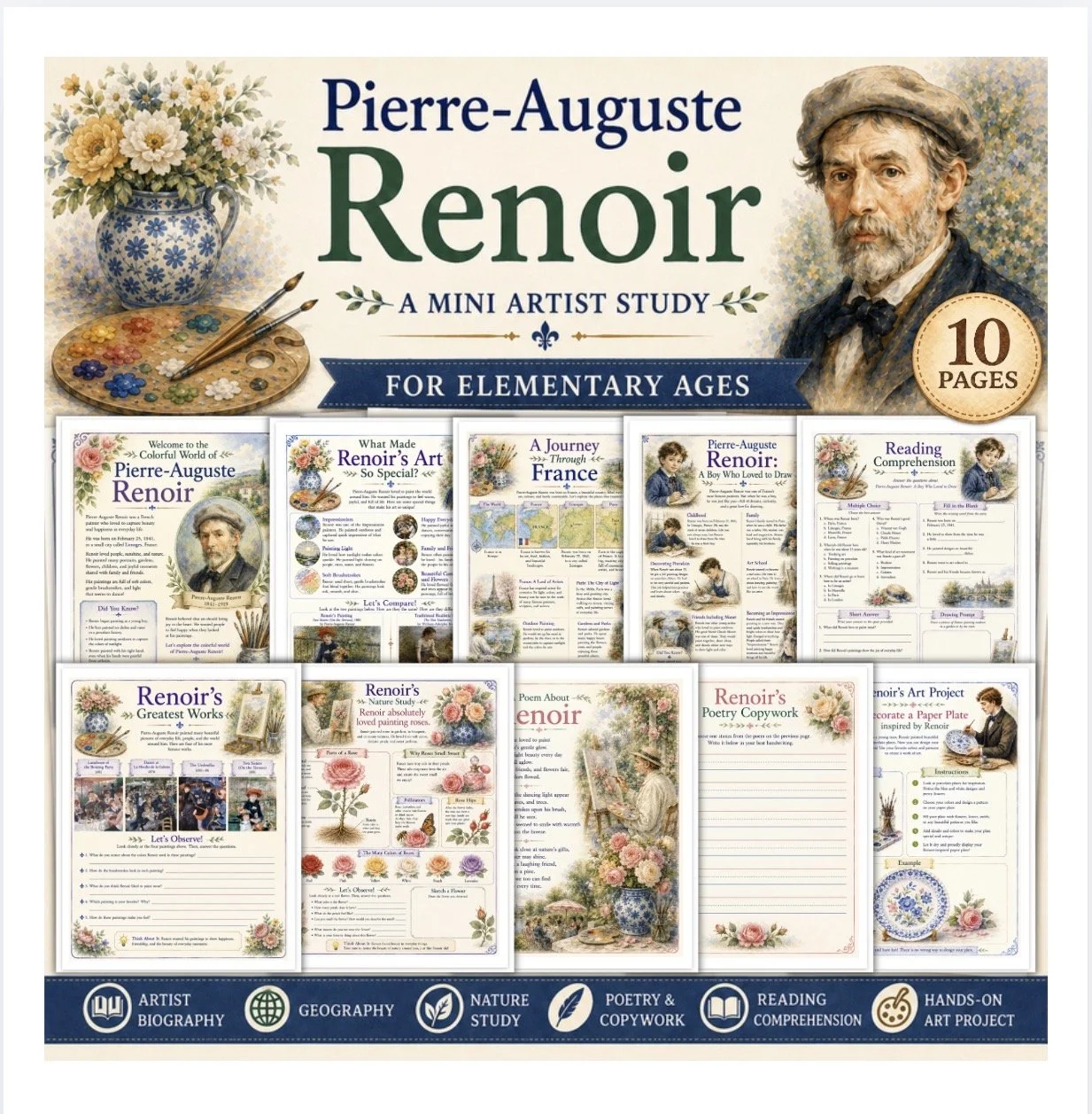 Pierre-Auguste Renoir Artist Study | Printable Art History Unit | Homeschool & Classroom Resource | Nature Study, Poetry and Art Project PDF