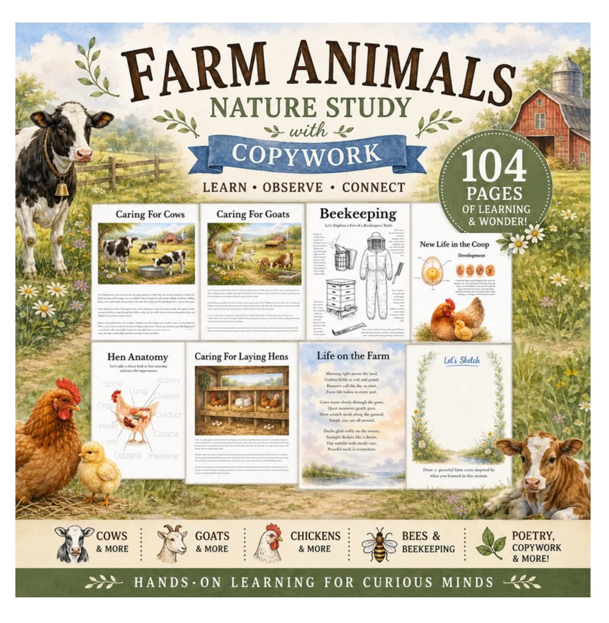 Farm Animal Nature Study Workbook for Children | Copywork, Activities, PDF