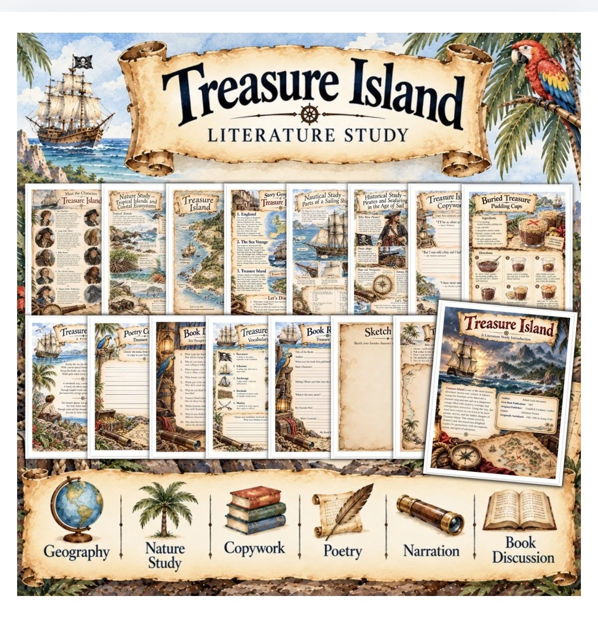 Treasure Island Literature Study | Classic Book Study for Kids | Homeschool & Classroom Activities | Geography, Nature Study, Copywork