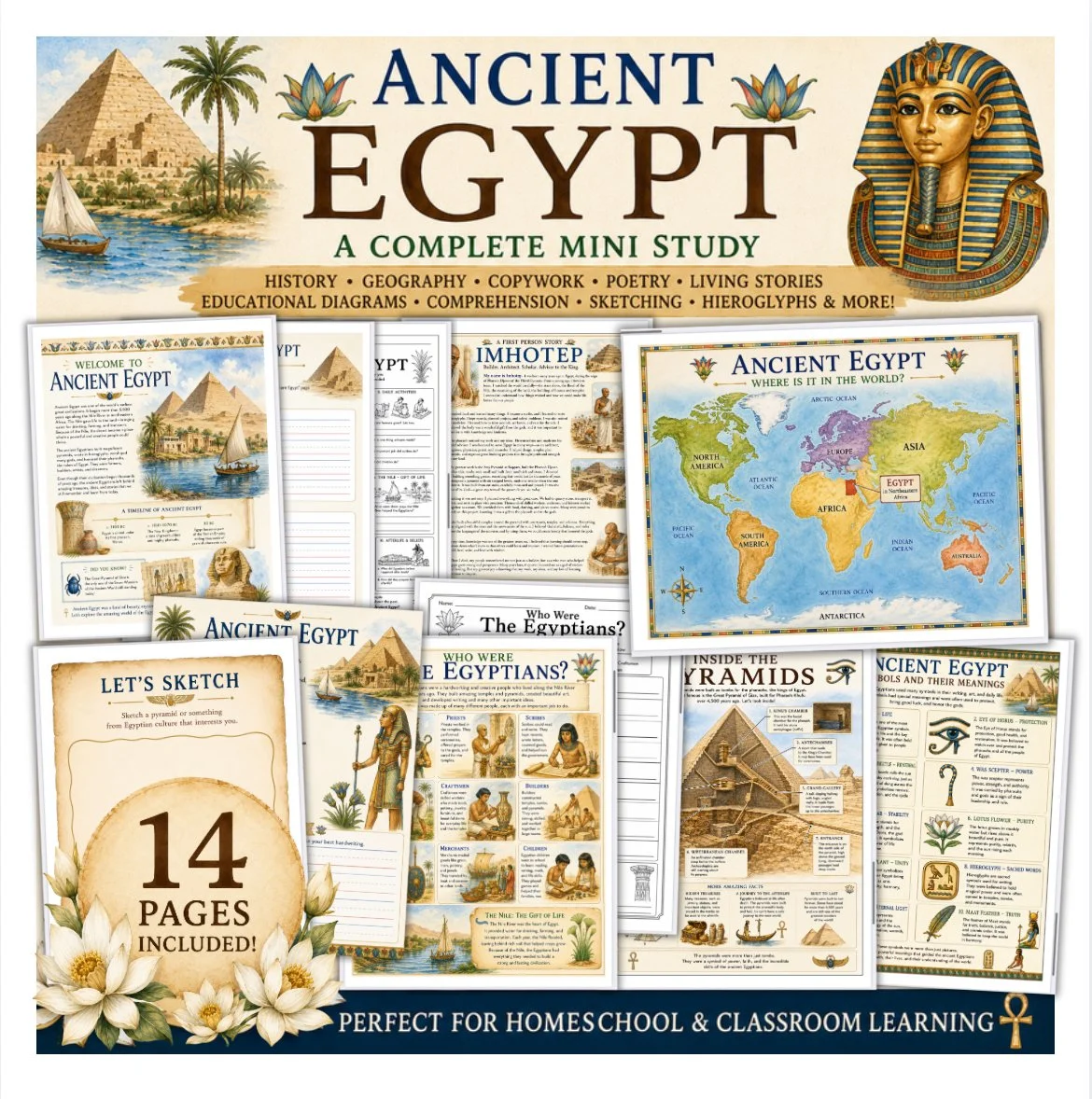 Ancient Egypt Mini Study | Printable Ancient Egypt Unit Study | Homeschool History | Geography, Hieroglyphs, Poetry & Copywork