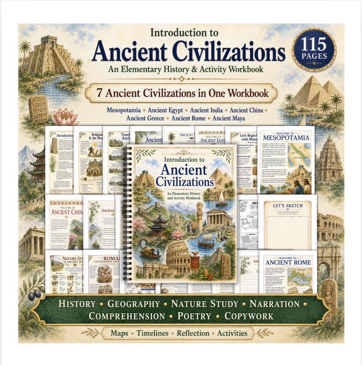 Introduction to Ancient Civilizations Workbook | 115 Page Ancient History Study | 7 Ancient Civilizations | Homeschool and Classroom