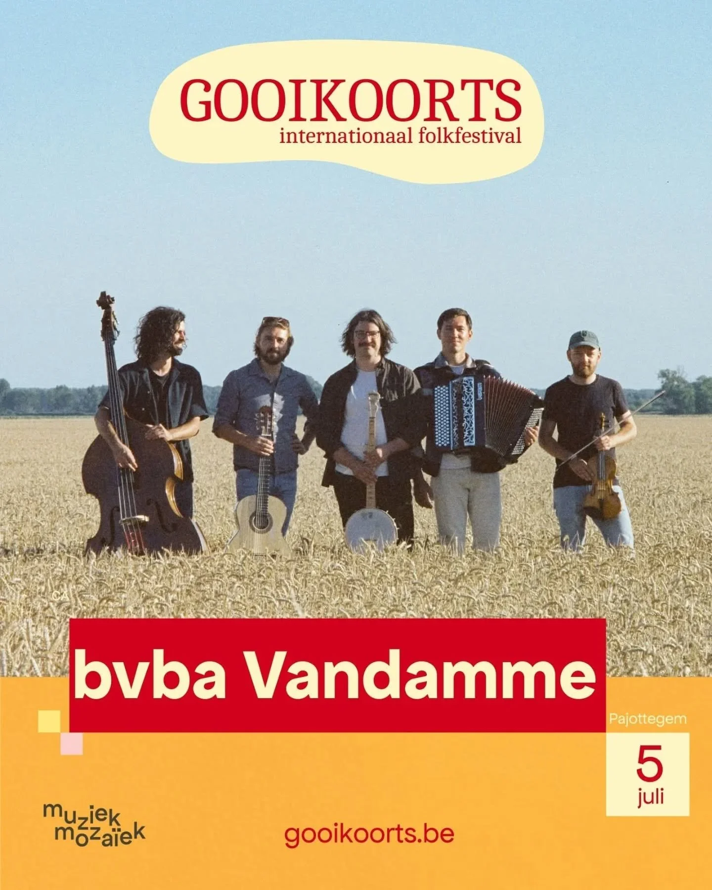 JOAJE! We spelen komende zomer op @gooikoorts Wat een eer. Meer data volgen. #bvbavandamme #waterlanders #vlaamsefolk #kleinkunst @muziekmozaiek.folk.jazz ☀️💚🌼🍀