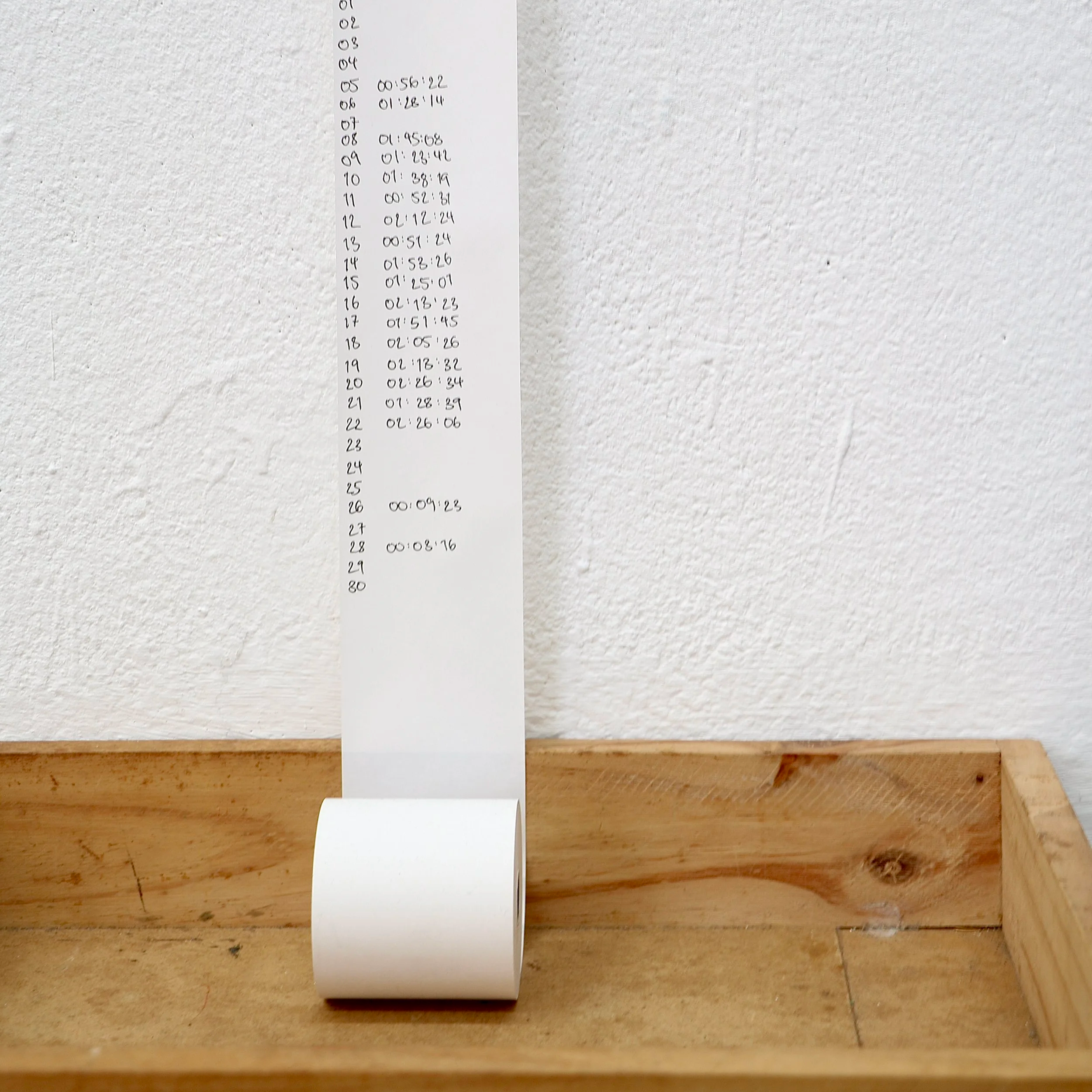 A long strip of paper rolls off a wooden table, with a list of dates and times handwritten on it.