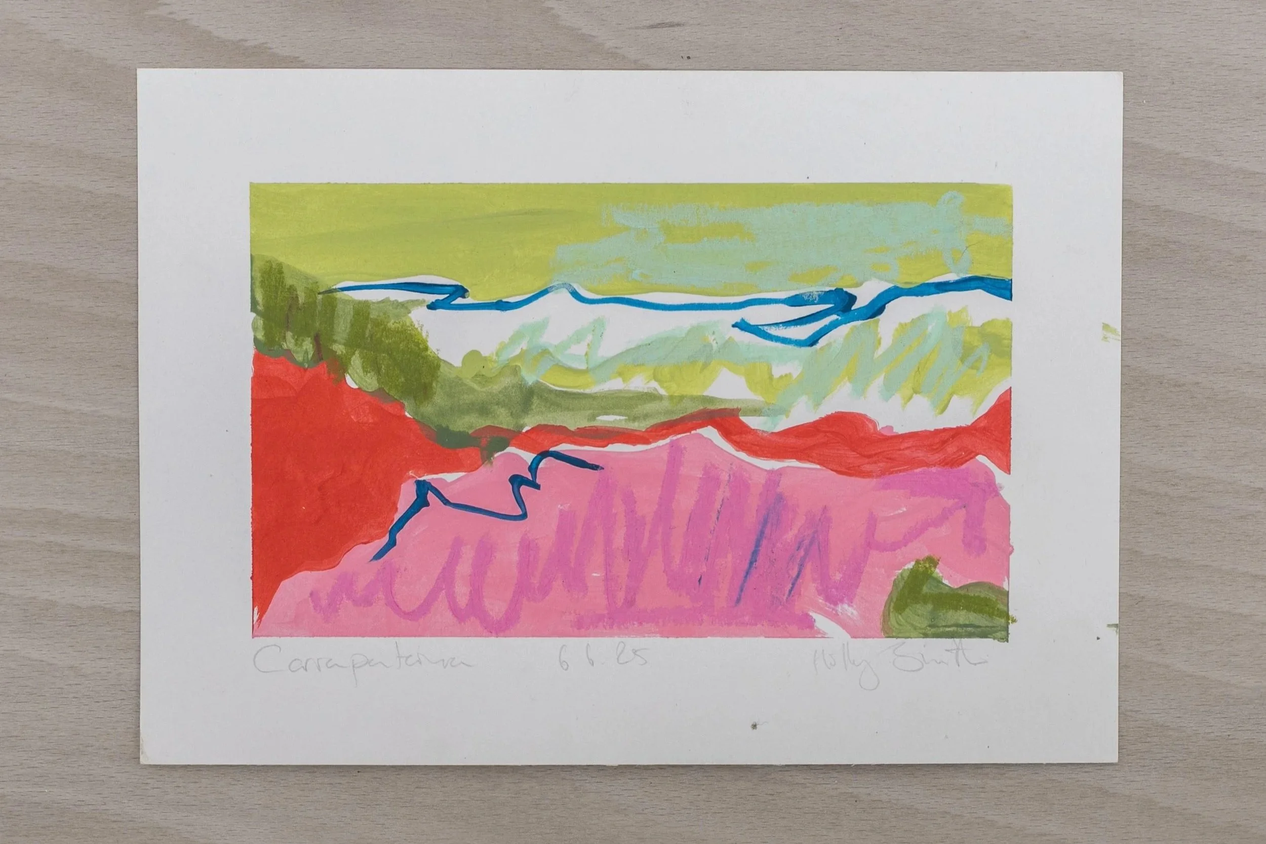 Colorful abstract artwork on white paper with horizontal bands of yellow, green, red, pink, with blue lines and handwritten text at the bottom reading "Carpintera 6.6.65" and an artist's signature.