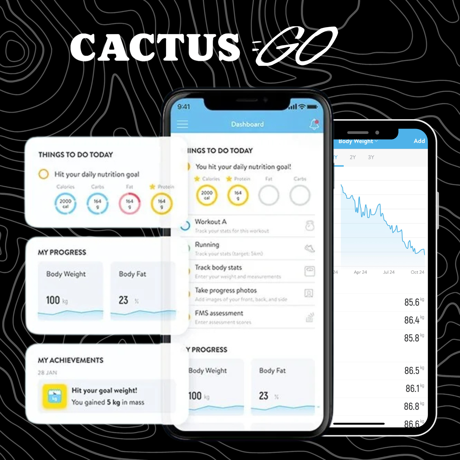 Cactus Strengths Mobile app interface screens showing fitness and nutrition tracking, including daily nutrition goals, progress in body weight and body fat, achievement milestones, and workout data. Available to all clients.