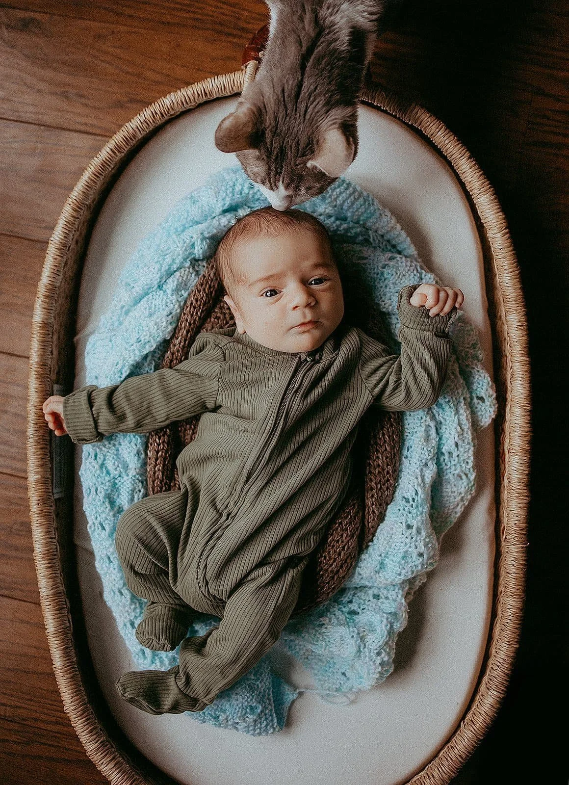 A baby lying on a cushioned bassinet, dressed in a green ribbed jumpsuit, with a cat sniffing near the baby's head.